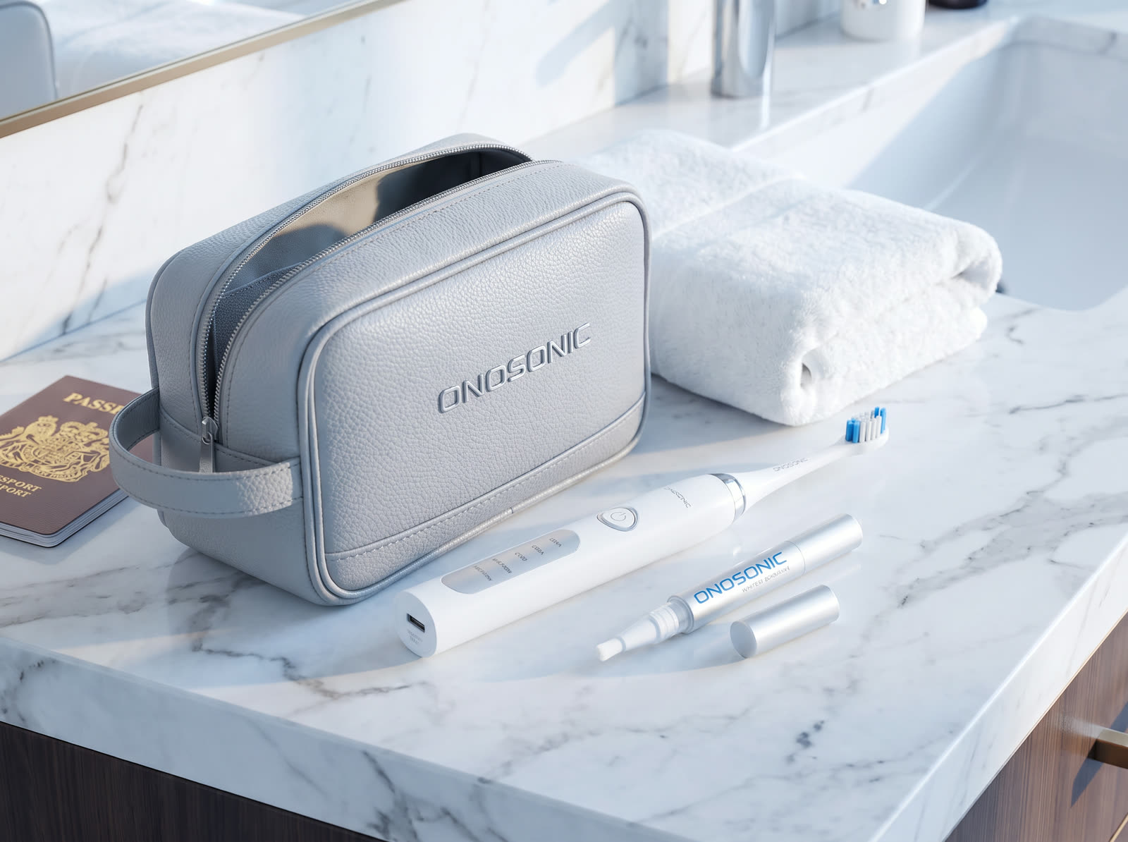 ONOSONIC travel pouch with the DX-1 toothbrush and whitening powder